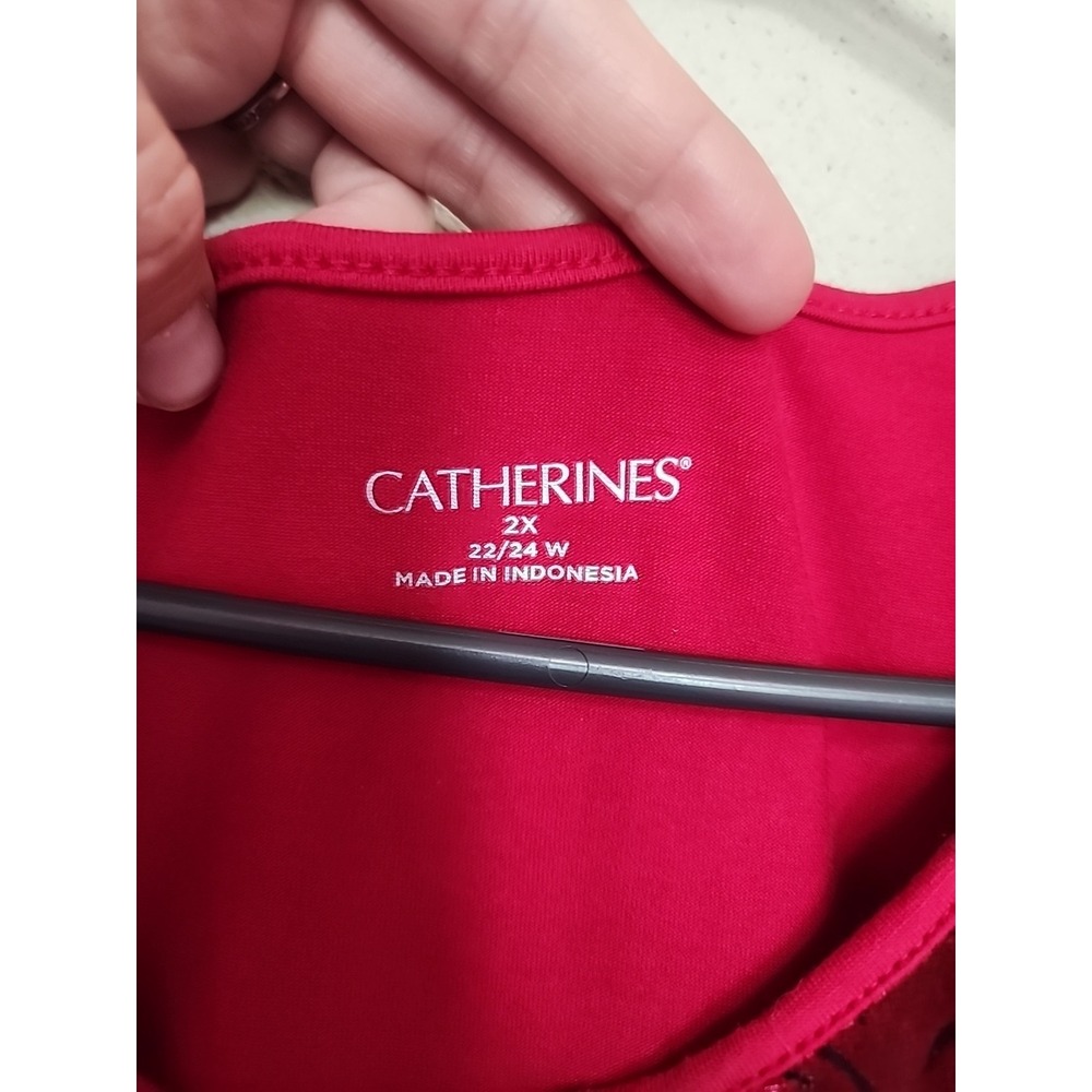 Catherines Red Knit Blouse Burnout Black Velvet Neckline 3/4 Sz 2X 22/24 W Tunic - Picture 3 of 12